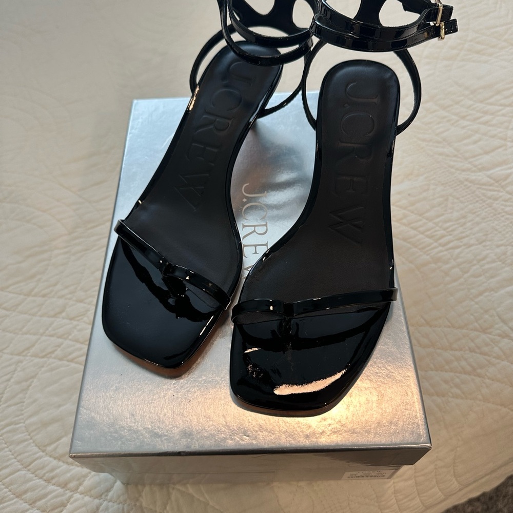 J. Crew Black Patent Square-Toe Ankle-Strap Sandals